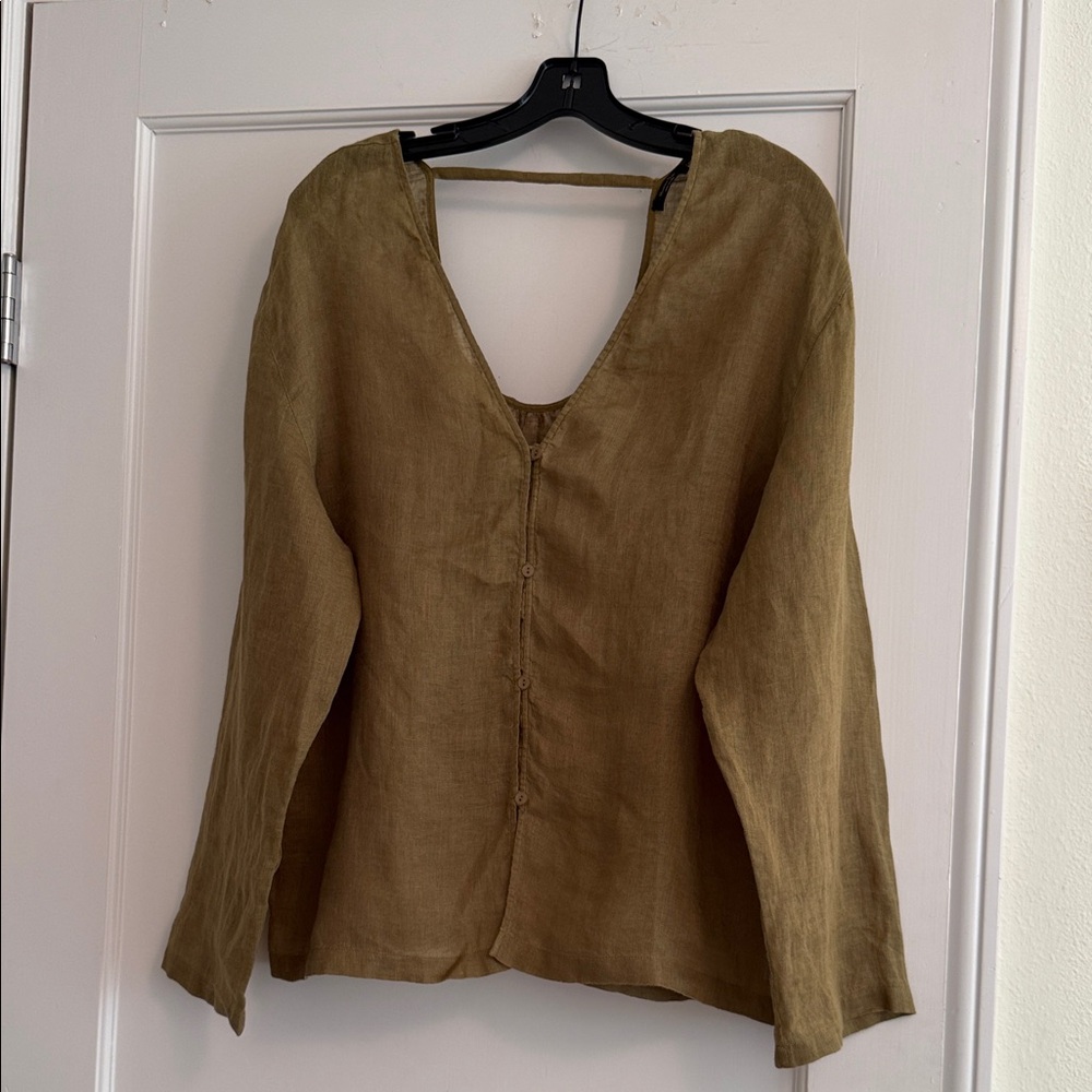 Massimo Dutti Olive Linen Button-Back Blouse